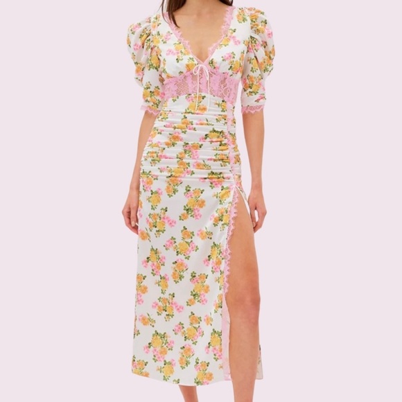 Women’s Xs Floral Dress For Love and Lemons Emma Midi Dress Silk w pink lace - Picture 5 of 8